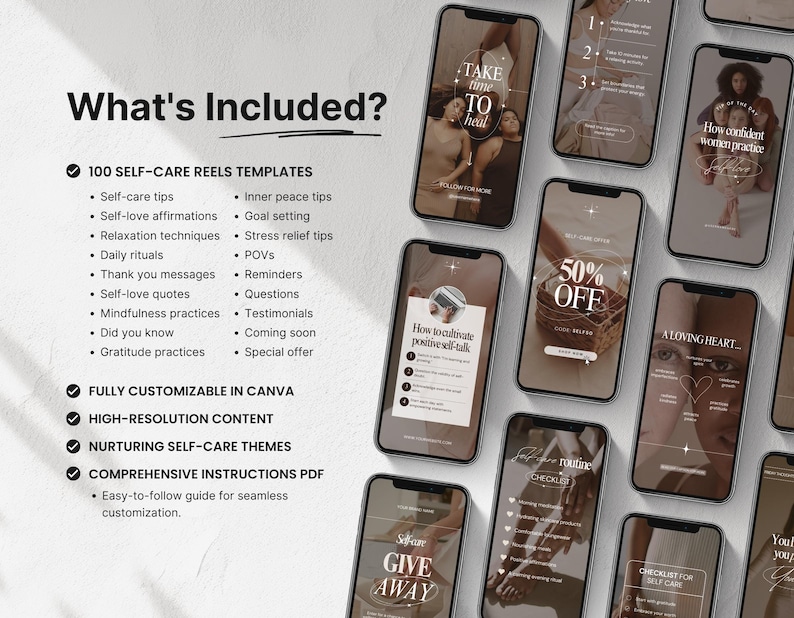 May include: A collection of 100 self-care reel templates for social media. The templates are fully customisable in Canva and feature high-resolution content. The templates include a variety of self-care themes, such as inner peace, goal setting, stress relief, and mindfulness practices. The templates are designed to help users create engaging and informative content for their social media followers.