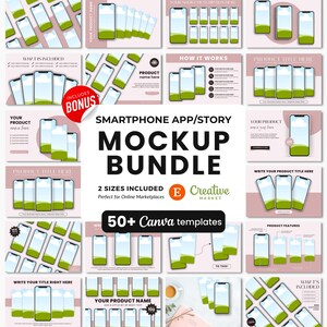 May include: A mockup bundle of 50+ Canva templates for smartphone apps and stories. The templates feature a pink background with a green landscape and white clouds. The text "SMARTPHONE APP/STORY MOCKUP BUNDLE" is displayed in black text. The text "2 SIZES INCLUDED" is displayed in black text. The text "Perfect for Online Marketplaces" is displayed in black text. The text "50+ Canva templates" is displayed in black text.