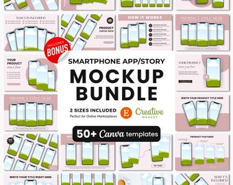 Paquete de plantillas de maquetas de teléfonos inteligentes de Canva, plantilla de listado de Etsy para productos digitales, plantillas de maquetas de iPhone, maquetas de pantallas de teléfonos de Canva