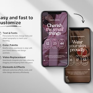 May include: Two phone screens with pink backgrounds and white text. The top screen says "Create a Ritual, Cherish the small things" and has three circles with the numbers 12, 25, and 44. The bottom screen says "Redefine Confidence, Wear your skin proudly" and has three circles with the numbers 08, 17, and 53.