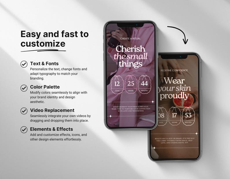 May include: Two phone screens with pink backgrounds and white text. The top screen says "Create a Ritual, Cherish the small things" and has three circles with the numbers 12, 25, and 44. The bottom screen says "Redefine Confidence, Wear your skin proudly" and has three circles with the numbers 08, 17, and 53.
