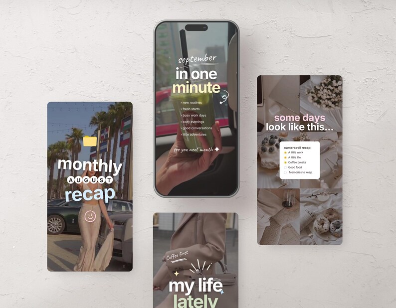 Puede incluir: Cuatro pantallas digitales de tel&eacute;fono inteligente que muestran plantillas de historias para redes sociales con superposiciones de texto que incluyen monthly recap, in one minute, some days look like this y my life lately, con im&aacute;genes fotogr&aacute;ficas.