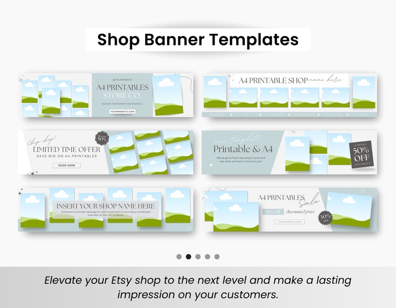 May include: Five Etsy shop banner templates featuring a green and blue landscape design. The banners include text such as "A4 Printables Store Co", "Limited Time Offer", "Printable & A4", "Insert Your Shop Name Here", and "A4 Printables Sale".