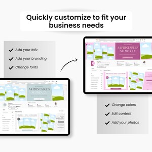 May include: Screenshot of an Etsy listing for printable digital products. The listing shows a mockup of a folded brochure with a green and blue landscape design. The text "A4 PRINTABLES STORE CO." is visible on the brochure. The listing also shows a preview of the brochure in different colours and with different text.