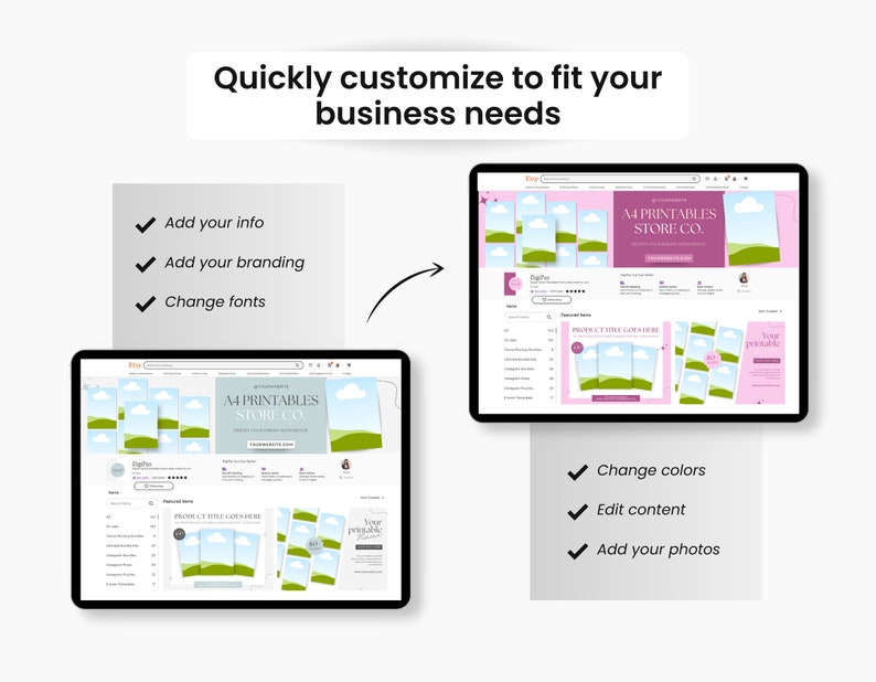 May include: Screenshot of an Etsy listing for printable digital products. The listing shows a mockup of a folded brochure with a green and blue landscape design. The text "A4 PRINTABLES STORE CO." is visible on the brochure. The listing also shows a preview of the brochure in different colours and with different text.