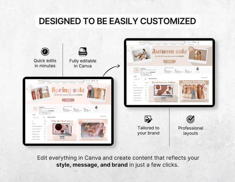 Etsy Shop Bundle Canva-mallar, Etsy Branding Kit för modemärken, Redigerbara Etsy-banner- och listmallar, Peach Pink Shop Kit bild 8
