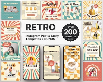 Retro Vibes Instagram Templates Bundle Kit, Instagram Retro Branding Kit, Instagram Posts und Stories, Social Media Retro Canva Vorlagen