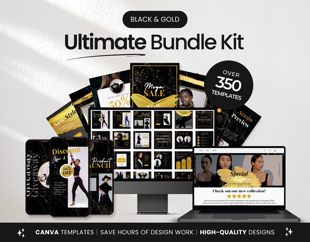 Ultimate Black & Gold Social Media Templates Bundle Kit, Luxury Social ...