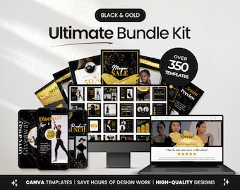 Kit de pacote de modelos de mídia social Ultimate Black & Gold, modelos de branding de mídia social de luxo, pacote de modelos de Instagram Black Gold Canva