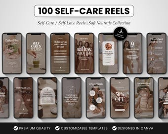 100 Self-Care Instagram Reels Templates, Editable Canva Self-Love Reels, Neutral Aesthetic Social Media Reel Videos for Personal Development