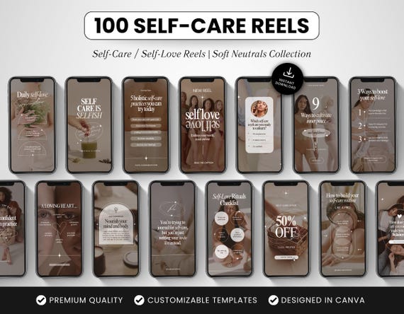 100 Self-Care Instagram Reels Templates, Editable Canva Self-Love Reels, Neutral Aesthetic Social Media Reel Videos for Personal Development