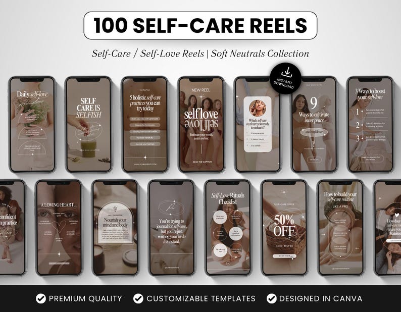 100 Self-Care Instagram Reels Templates, Editable Canva Self-Love Reels, Neutral Aesthetic Social Media Reel Videos for Personal Development image 1
