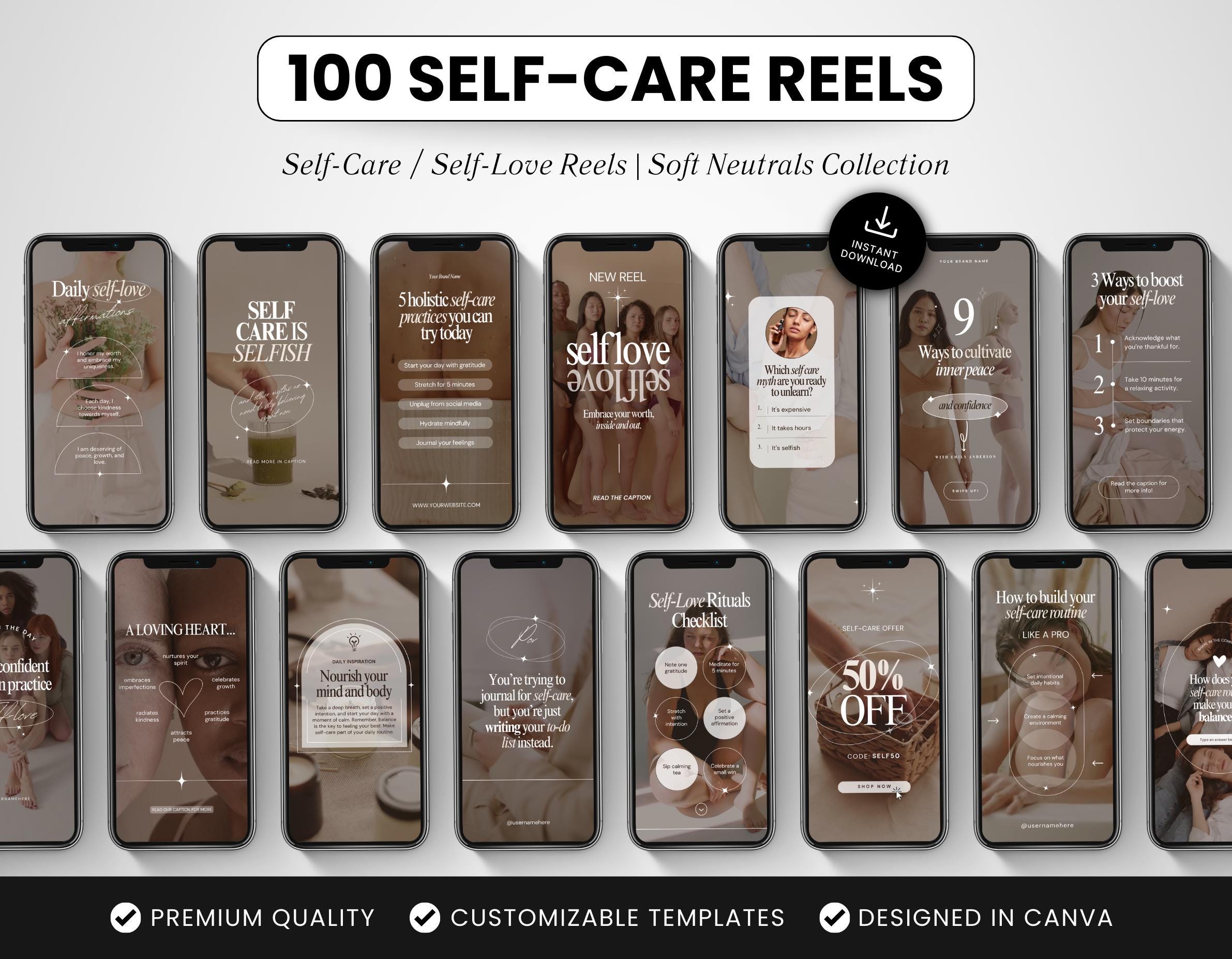 100 Self-care Instagram Reels Templates, Editable Canva Self-love Reels, Neutral Aesthetic ...