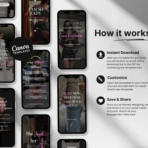 May include: A collection of smartphone mockups displaying Canva templates with motivational text overlays. The design includes templates for social media, with phrases like "Start Now, Drop Fear, Take Space, Own It." and "How it works" instructions.