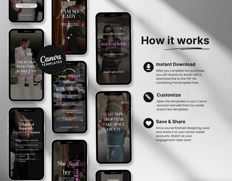 May include: A collection of smartphone mockups displaying Canva templates with motivational text overlays. The design includes templates for social media, with phrases like "Start Now, Drop Fear, Take Space, Own It." and "How it works" instructions.