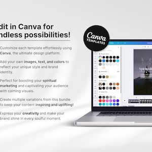 May include: A laptop displaying a Canva design interface with the text "Edit in Canva for endless possibilities!" and "Canva TEMPLATES". The screen shows a design with the word "Spirituality".