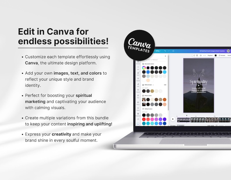 May include: A laptop displaying a Canva design interface with the text "Edit in Canva for endless possibilities!" and "Canva TEMPLATES". The screen shows a design with the word "Spirituality".