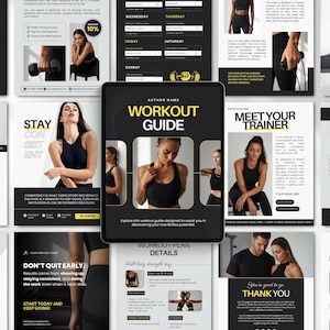 May include: A digital workout guide displayed on a tablet, featuring a black and yellow design with images of women in workout attire. The guide includes sections on workout plans, meal ideas, and trainer introductions.