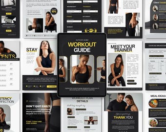 Peut inclure: Un guide d'entraînement numérique affiché sur une tablette, avec un design noir et jaune et des images de femmes en tenue d'entraînement. Le guide comprend des sections sur les plans d'entraînement, les idées de repas et les présentations d'entraîneurs.