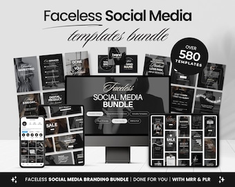 Peut inclure: Un écran d'ordinateur affichant une maquette de publication sur les réseaux sociaux avec le texte "Faceless Social Media Bundle" et une collection de modèles de réseaux sociaux en noir et blanc. Le texte "Over 580 Templates" est affiché dans un cercle blanc sur fond noir.