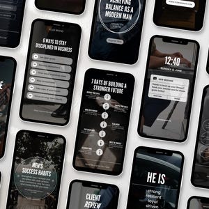 May include: A collage of smartphone screens with motivational quotes and tips for success. The screens feature black and white backgrounds with white text. Some of the quotes include "Don't Lose Hope", "6 Ways to Stay Disciplined in Business", "7 Days of Building a Stronger Future", "Men's Success Habits", "He Is", and "Client Review".