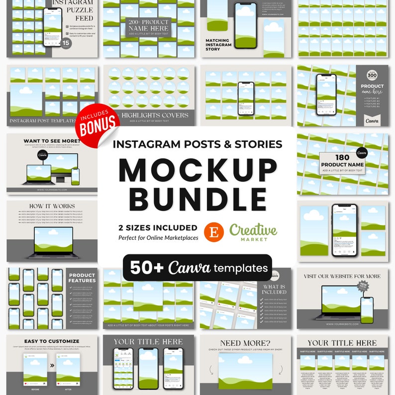 May include: A mockup bundle of 50+ Canva templates for Instagram posts and stories. The templates feature a green and blue landscape design with clouds. The text "INSTAGRAM POSTS & STORIES MOCKUP BUNDLE" is displayed in large, bold letters. The text "2 SIZES INCLUDED" and "50+ Canva templates" is also displayed.
