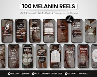 100 szablonów rolek Instagram z melaniną, rolek Canva z czarną kobietą, bez twarzy estetyczne filmy z rolek mediów społecznościowych dla trenerów i twórców treści
