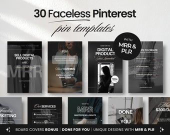 Peut inclure: Un ensemble de 30 modèles de broches Pinterest en noir et blanc avec le texte "30 modèles de broches Pinterest sans visage avec MRR & PLR". Les modèles présentent des modèles sans visage et du texte sur les produits numériques, le marketing sans visage et les droits de revente maître.