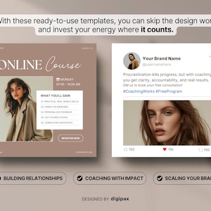 Op de afbeelding: Een digitale marketingtemplate met een lichtbruine achtergrond. De template bevat de tekst "ONLINE Cursus" en "Wat je zult bereiken". De template bevat ook een social media post met de tekst "Procrastinatie doodt vooruitgang, maar met coaching".