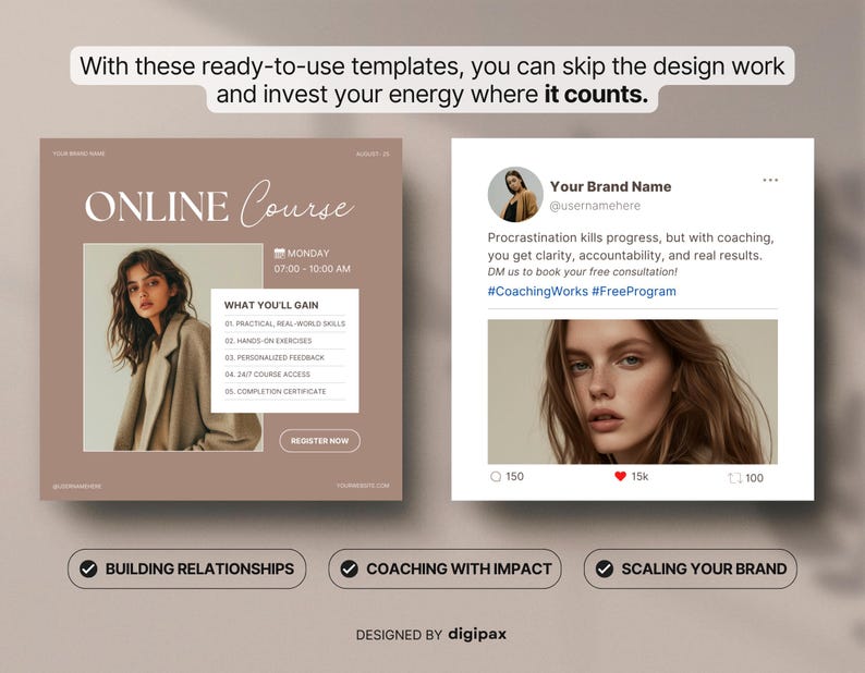 Op de afbeelding: Een digitale marketingtemplate met een lichtbruine achtergrond. De template bevat de tekst "ONLINE Cursus" en "Wat je zult bereiken". De template bevat ook een social media post met de tekst "Procrastinatie doodt vooruitgang, maar met coaching".
