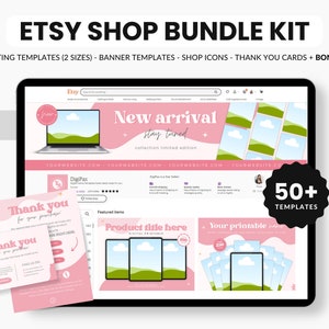 May include: A pink and green Etsy shop bundle kit with over 50 templates. The kit includes listing templates, banner templates, shop icons, thank you cards, and a bonus. The image shows a laptop screen with a banner that says "New arrival stay tuned collection limited edition". The image also shows a thank you card with the text "Thank you for your purchase".