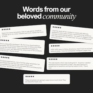 Puede incluir: Un fondo negro con el texto blanco Words from our beloved community sobre siete tarjetas rectangulares blancas de rese&ntilde;as de clientes. Cada tarjeta muestra cinco estrellas negras y comentarios escritos sobre plantillas Canva y servicio.
