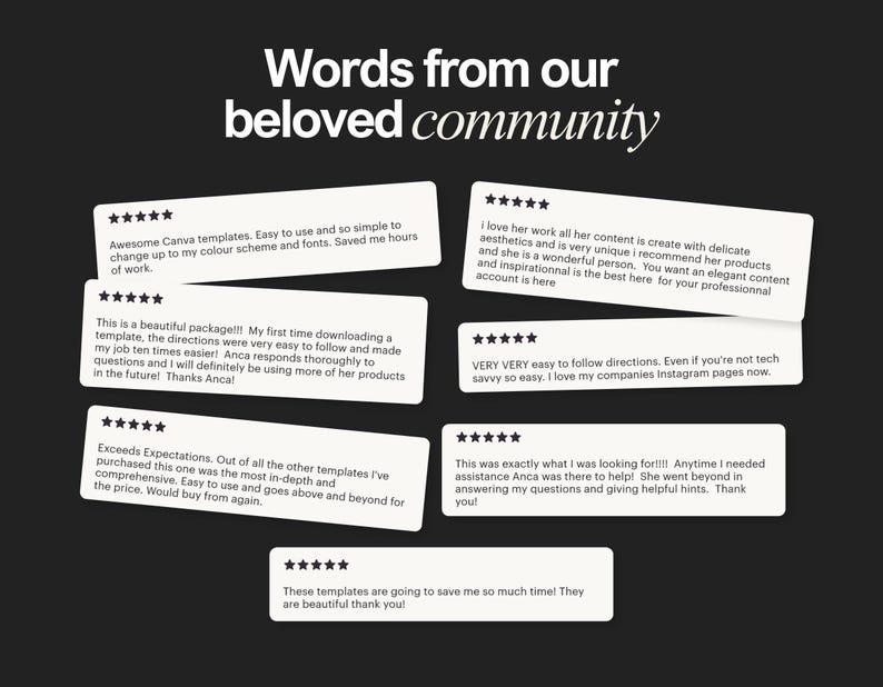 Puede incluir: Un fondo negro con el texto blanco Words from our beloved community sobre siete tarjetas rectangulares blancas de rese&ntilde;as de clientes. Cada tarjeta muestra cinco estrellas negras y comentarios escritos sobre plantillas Canva y servicio.