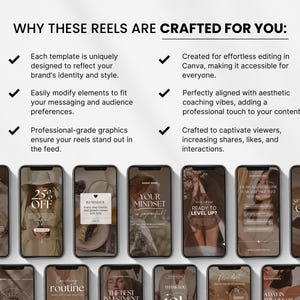 May include: A promotional image showcasing mobile phone screens with various reel templates. The text "WHY THESE REELS ARE CRAFTED FOR YOU" is at the top. The templates feature text and graphics for social media content.
