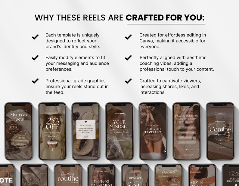 May include: A promotional image showcasing mobile phone screens with various reel templates. The text "WHY THESE REELS ARE CRAFTED FOR YOU" is at the top. The templates feature text and graphics for social media content.