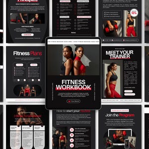 Puede incluir: Un cuaderno de ejercicios de fitness digital con un diseño en negro y rojo, con imágenes de mujeres con ropa de entrenamiento. El título del cuaderno se muestra de forma destacada, junto con secciones sobre planes de fitness y rutinas de entrenamiento.