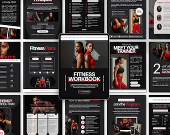 Peut inclure: Un cahier d'exercices de fitness numérique avec un design noir et rouge, présentant des images de femmes en tenue d'entraînement. Le titre du cahier est bien en évidence, avec des sections sur les plans de fitness et les routines d'entraînement.