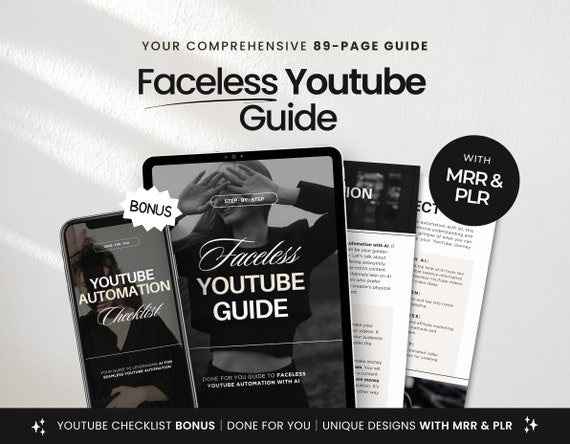 Faceless Youtube Automation with AI Guide with PLR & MRR + Bonus Checklist, Done for you Digital Products, Youtube Faceless Guide Template