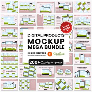 Mockup-Vorlagen für digitale Produkte Mega Bundle, Etsy-Listenvorlage für digitale Produkte, Kurserstellungs-Mockups, quadratische Auflistungs-Mockups Canva