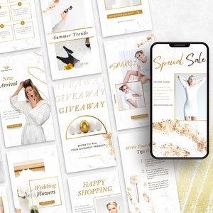 White & Gold Instagram Templates Bundle Kit stories mockup