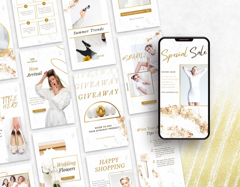 White & Gold Instagram Templates Bundle Kit stories mockup