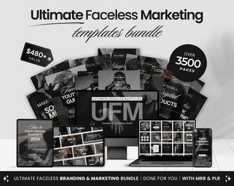 May include: A black and white digital marketing bundle with over 3500 pages of templates. The bundle includes social media graphics, website templates, and email templates. The text "Ultimate Faceless Marketing" is displayed on the cover.