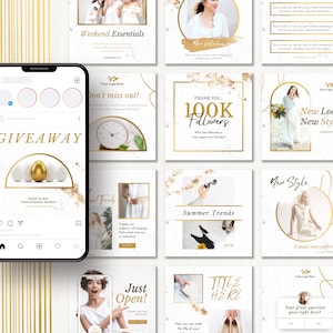 White & Gold Instagram Templates Bundle Kit posts mockup