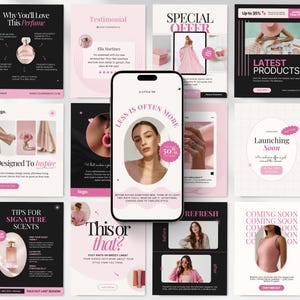 Op de afbeelding: Een verzameling roze en witte social media posts op een lichtroze achtergrond. De posts promoten parfum, mode en beauty producten. Eén post toont een smartphone met een vrouwenportret en de tekst "Less is Often More."
