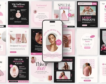 Peut inclure: Plusieurs publications roses et blanches sur les réseaux sociaux sur un fond rose clair. Les publications font la promotion de parfums, de mode et de produits de beauté. Une publication présente un smartphone avec un visage de femme et le texte "Less is Often More."