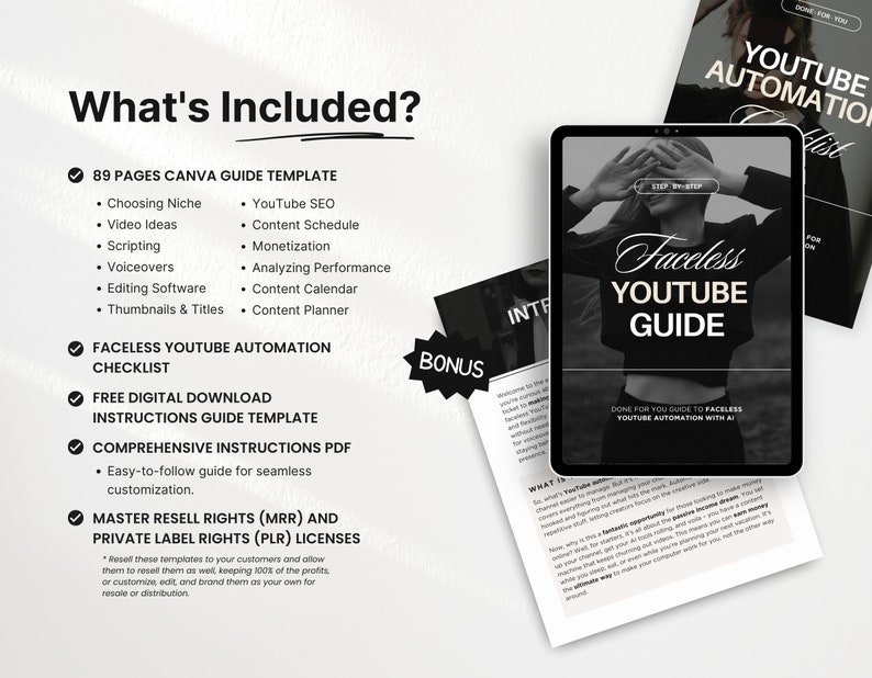 Faceless Youtube Automation with AI Guide with PLR & MRR What is included Mockup