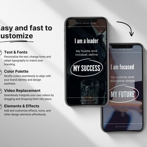 May include: Two smartphone mockups with a white background. The first phone displays the text "I am a leader" and "My hustle and mindset define MY SUCCESS". The second phone displays the text "I am focused" and "My actions and discipline shape MY FUTURE".
