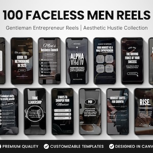 100 modelli di reel Instagram per uomini senza volto, reel Canva maschili, video reel per social media con estetica dark per creatori di contenuti e coach