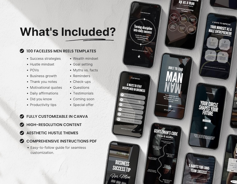 May include: A collection of 100 customizable social media reel templates for men. The templates feature black and white designs with motivational quotes and tips on topics such as success, business growth, and personal development. The text "What's Included?" is at the top of the image.