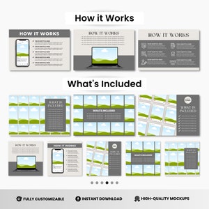 May include: A mockup of a website design template with a green and blue landscape background. The text "How it Works" and "What's Included" is displayed in a gray box. The template includes a phone and laptop mockup.